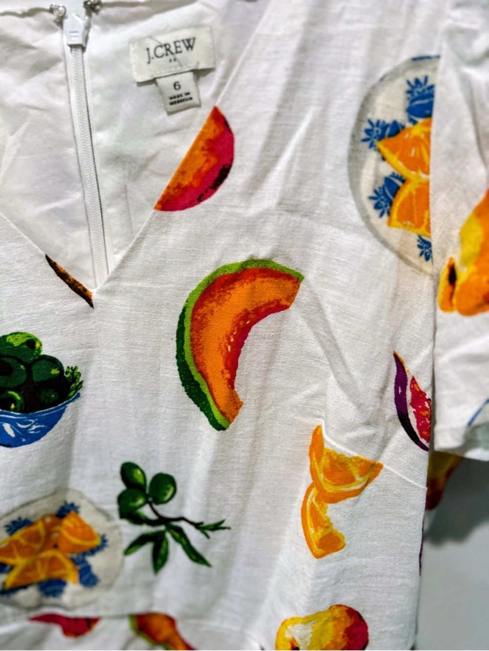 J.CREW Printed Linen-Blend Flutter-Sleeve Mini Dress Picnic Food $128 CK859 Sz S - Picture 4 of 9